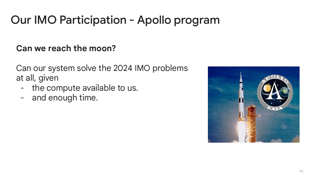 IMO 2024 被讲座称为 Apollo
                program：在真实竞赛约束中测试系统。图源：官方 slides
                p.54。