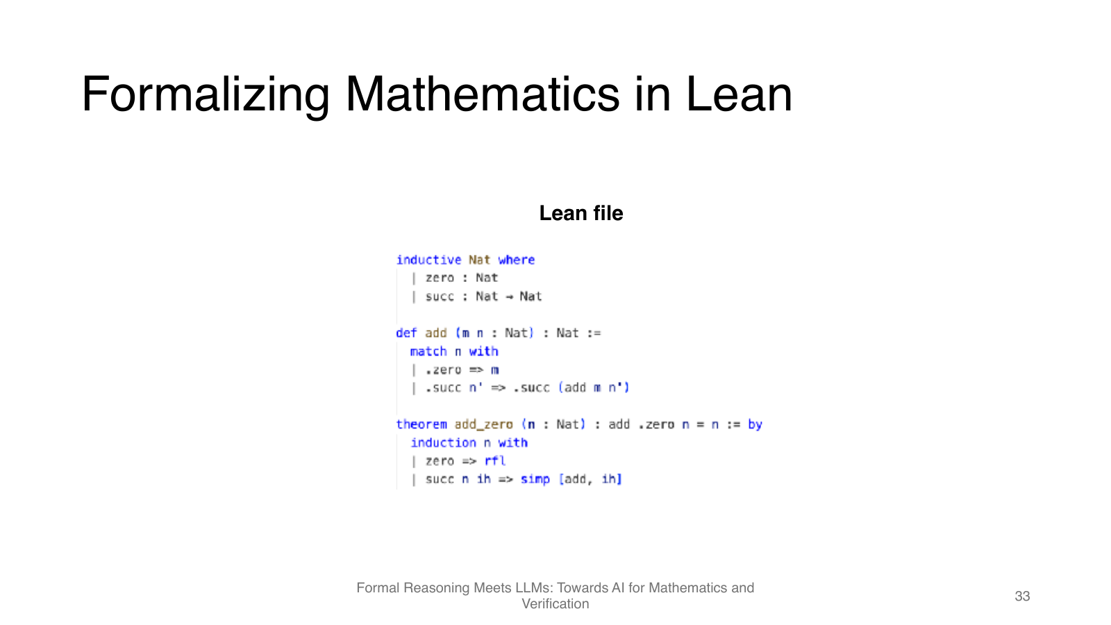 Lean 中的形式化数学：文件、局部上下文、目标和 proof tree
                共同构成证明环境。图源：官方 slides p.33。