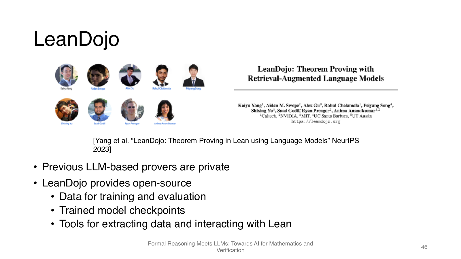 LeanDojo 为 Lean theorem proving
                提供开放数据、模型和交互工具。图源：官方 slides p.46。