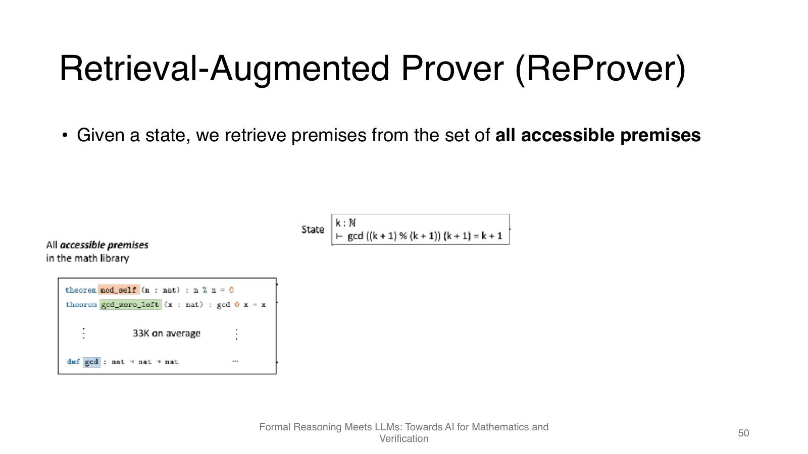 ReProver：根据当前 state 检索可访问 premise，再生成
                tactic。图源：官方 slides p.50。