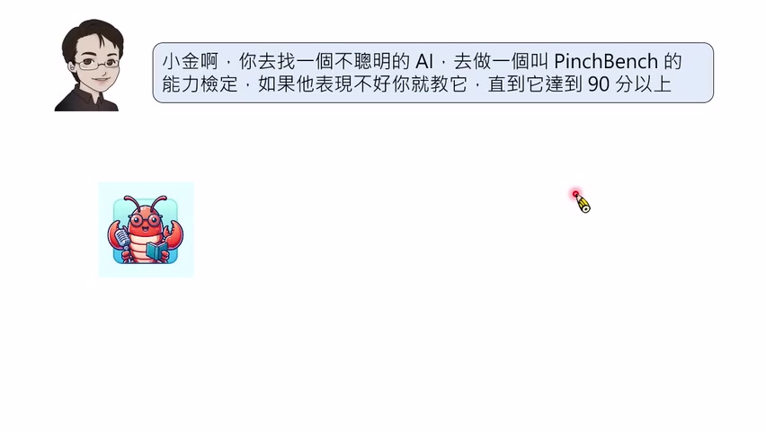 实验设定：让强模型教较弱模型跑 PinchBench，并通过修改 `AGENT.md` 提高分数。
