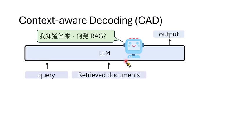 Context-Aware Decoding 通过“带上下文”与“不带上下文”的分布差异，突出由检索材料支持的回答。